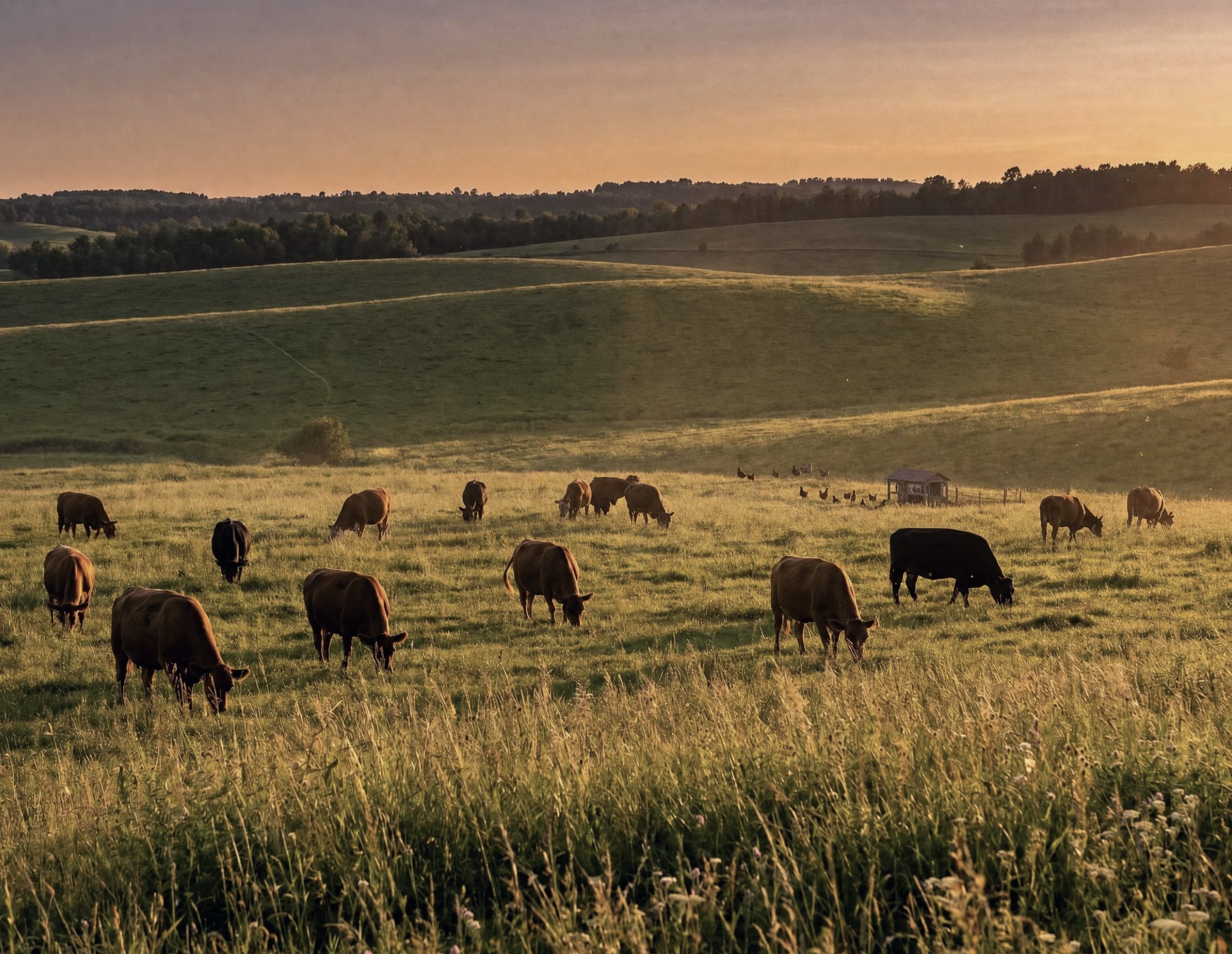 Pasture-raised cattle grazing in an open green pasture