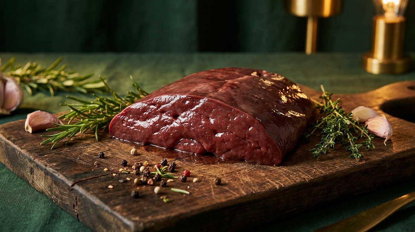 Grass-fed beef liver on a rustic wooden board with herbs