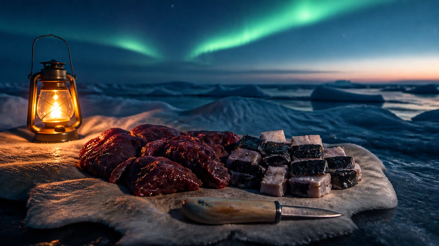 Inuit provisions on sea ice at twilight: organ meat and muktuk by lantern light under a faint aurora