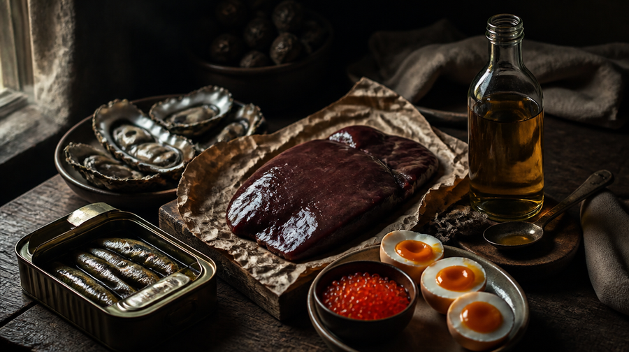 The original multivitamin: liver, sardines, oysters, eggs, roe and cod liver oil on a farmhouse table
