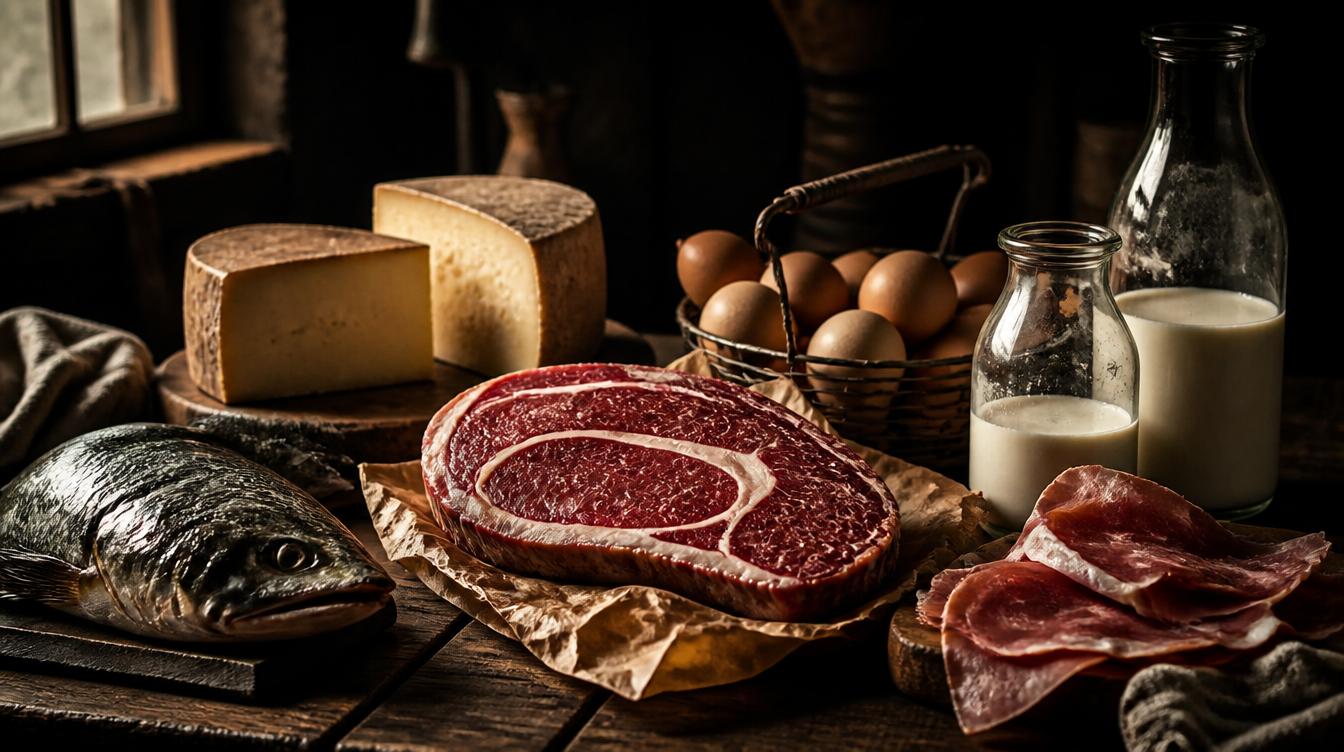 The protein foods of a century ago: ribeye, whole fish, cheese, raw milk, eggs and prosciutto on a farmhouse table