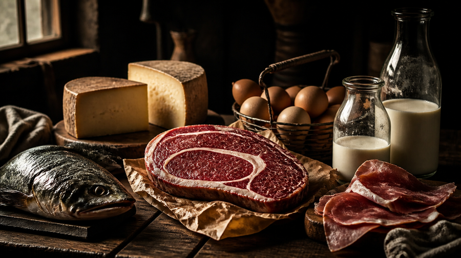 The protein foods of a century ago: ribeye, whole fish, cheese, raw milk, eggs and prosciutto on a farmhouse table