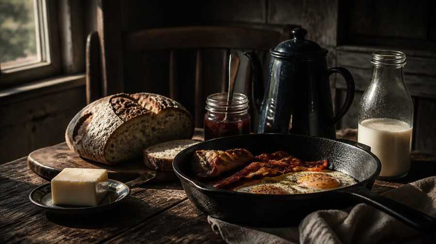 A 1900s farmhouse breakfast: cast iron skillet with bacon and eggs, sourdough, butter, coffee pot and milk