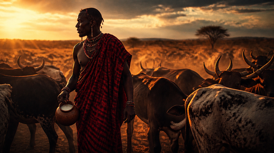 A Maasai herder among his cattle at golden hour holding a calabash of milk