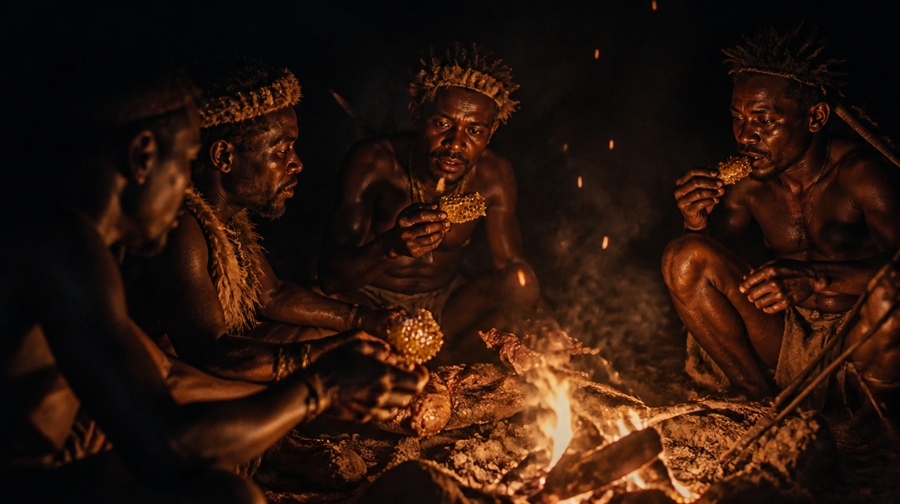 Hadza hunters sharing wild honey and roasted meat around a night campfire