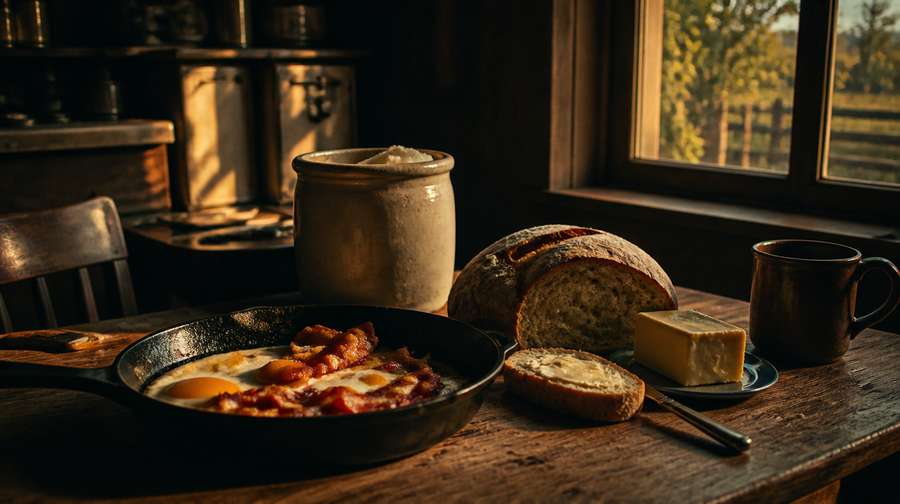 A warm 1900s farmhouse kitchen