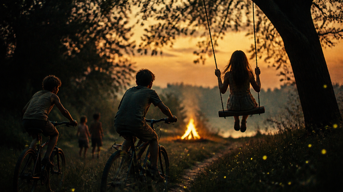 Children playing outside at dusk — bikes, a rope swing and a distant bonfire