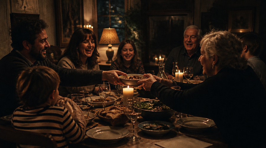 A warm crowded family dinner table at night, people mid-laugh