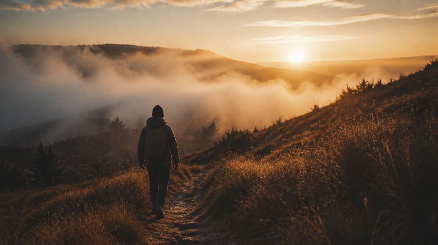 A person walking a misty hill trail at sunrise