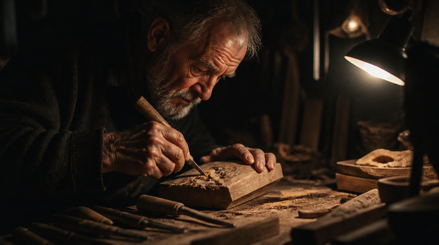 Weathered hands carving wood by warm lamplight
