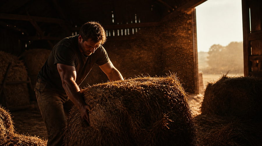 A man hauling hay bales in a barn at golden hour