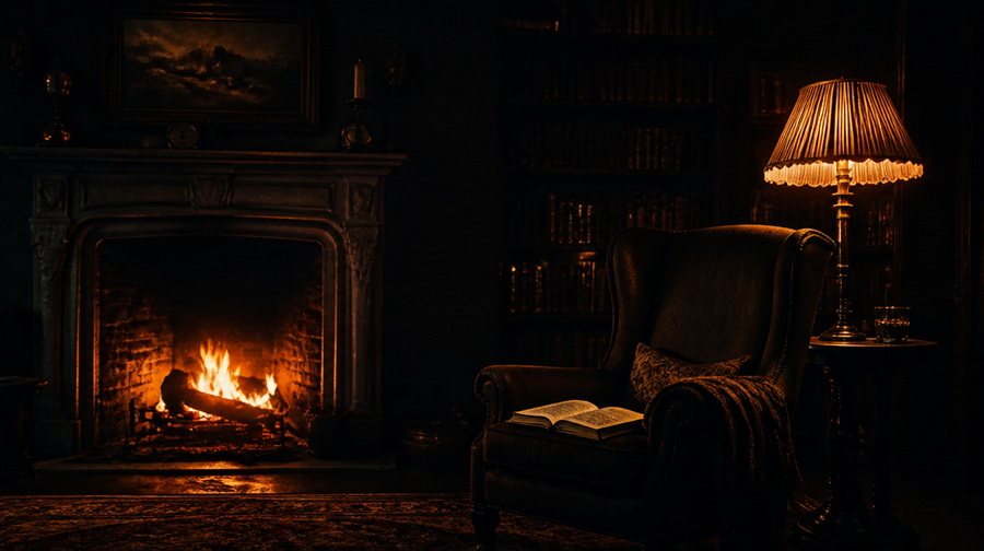 A crackling fireplace beside an armchair with an open book at night