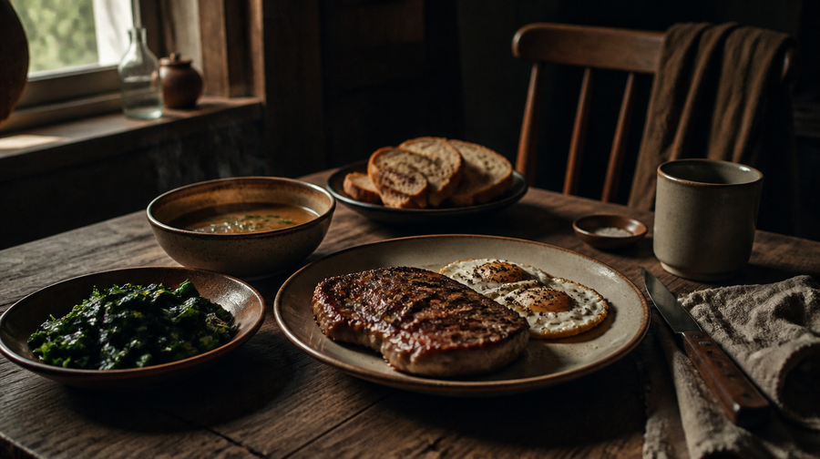A rustic farmhouse table with a simple honest home-cooked meal