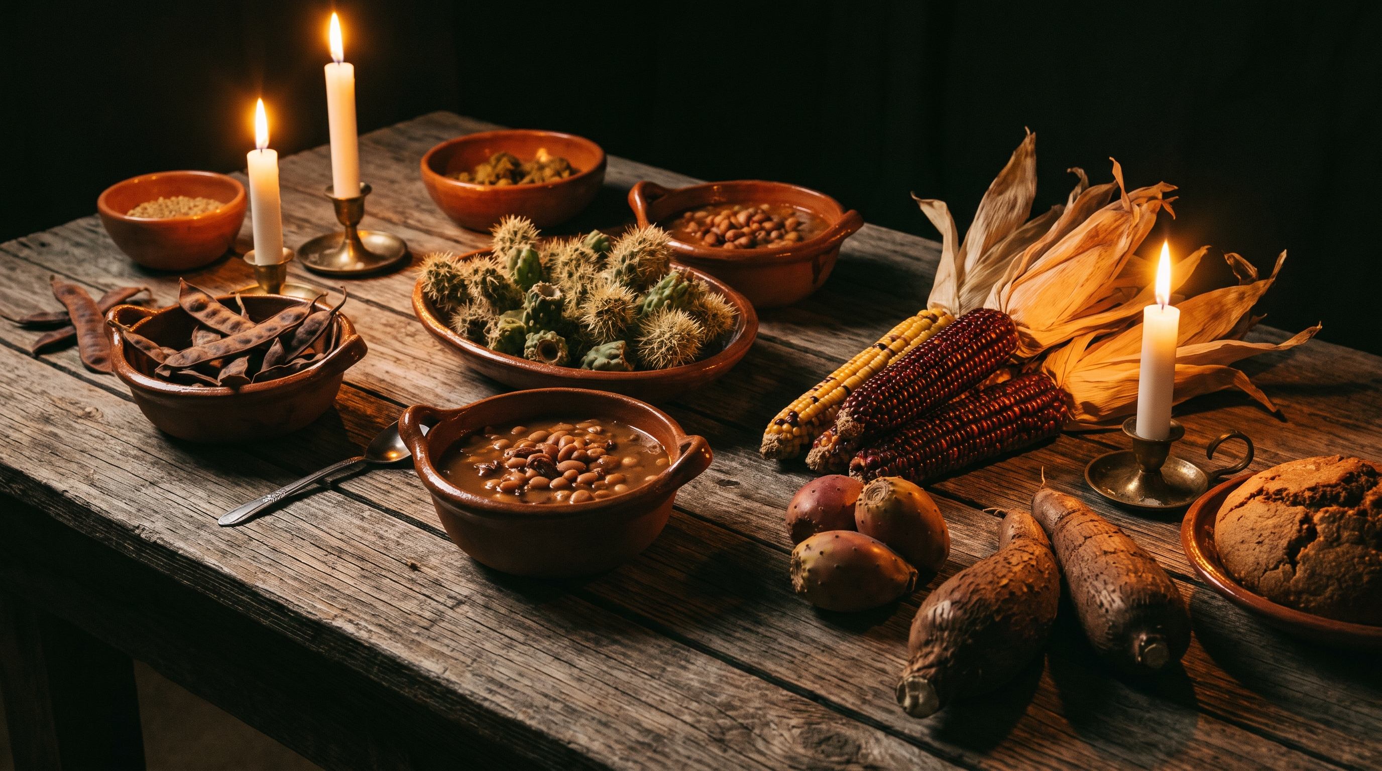 Ancestral Sonoran desert foods — tepary beans, mesquite, cholla cactus buds and corn — by candlelight