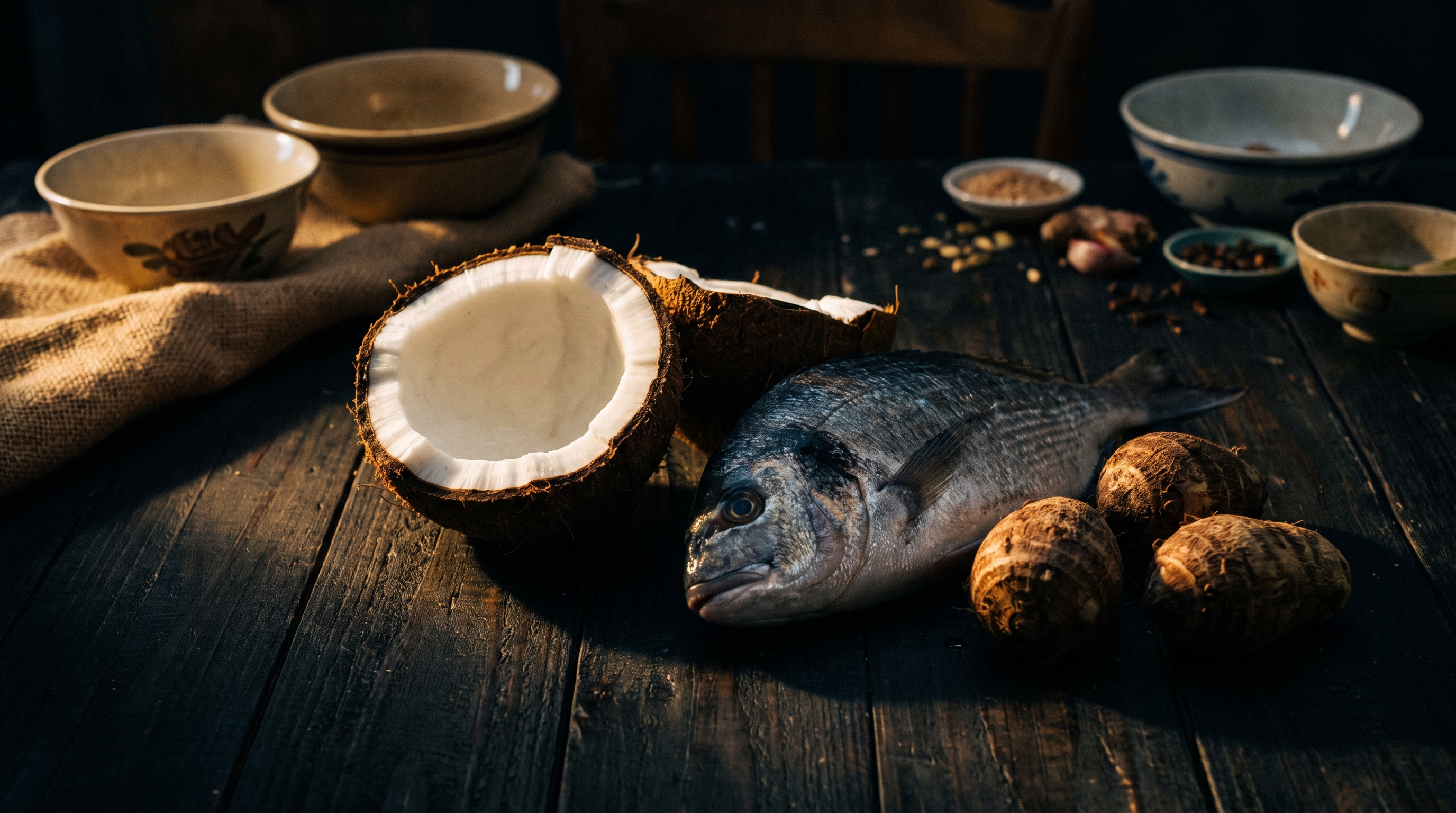 Split coconut, fresh reef fish and taro on a dark table — the traditional Tokelau diet