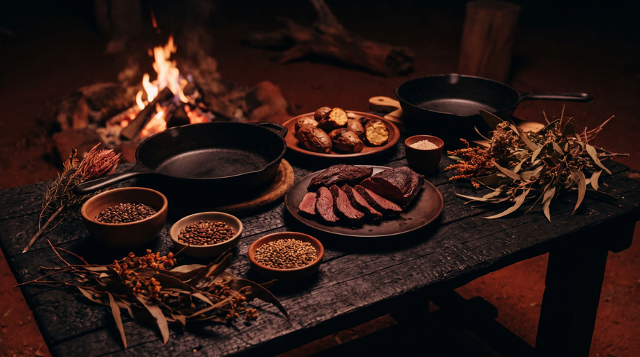Kangaroo meat, wild yams and bush seeds by firelight — traditional Aboriginal bush food