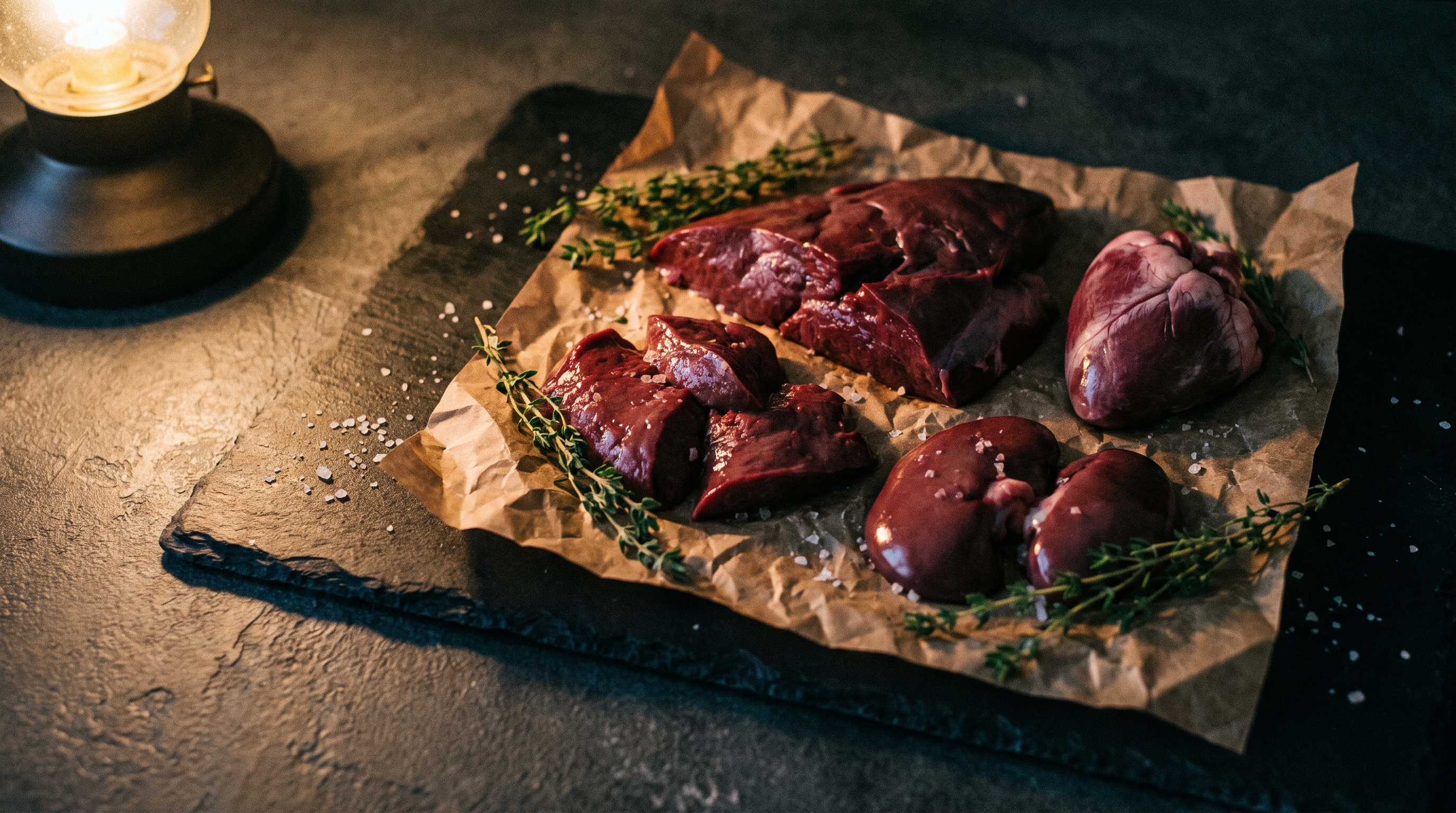 Raw beef liver, heart and kidney on dark slate with thyme