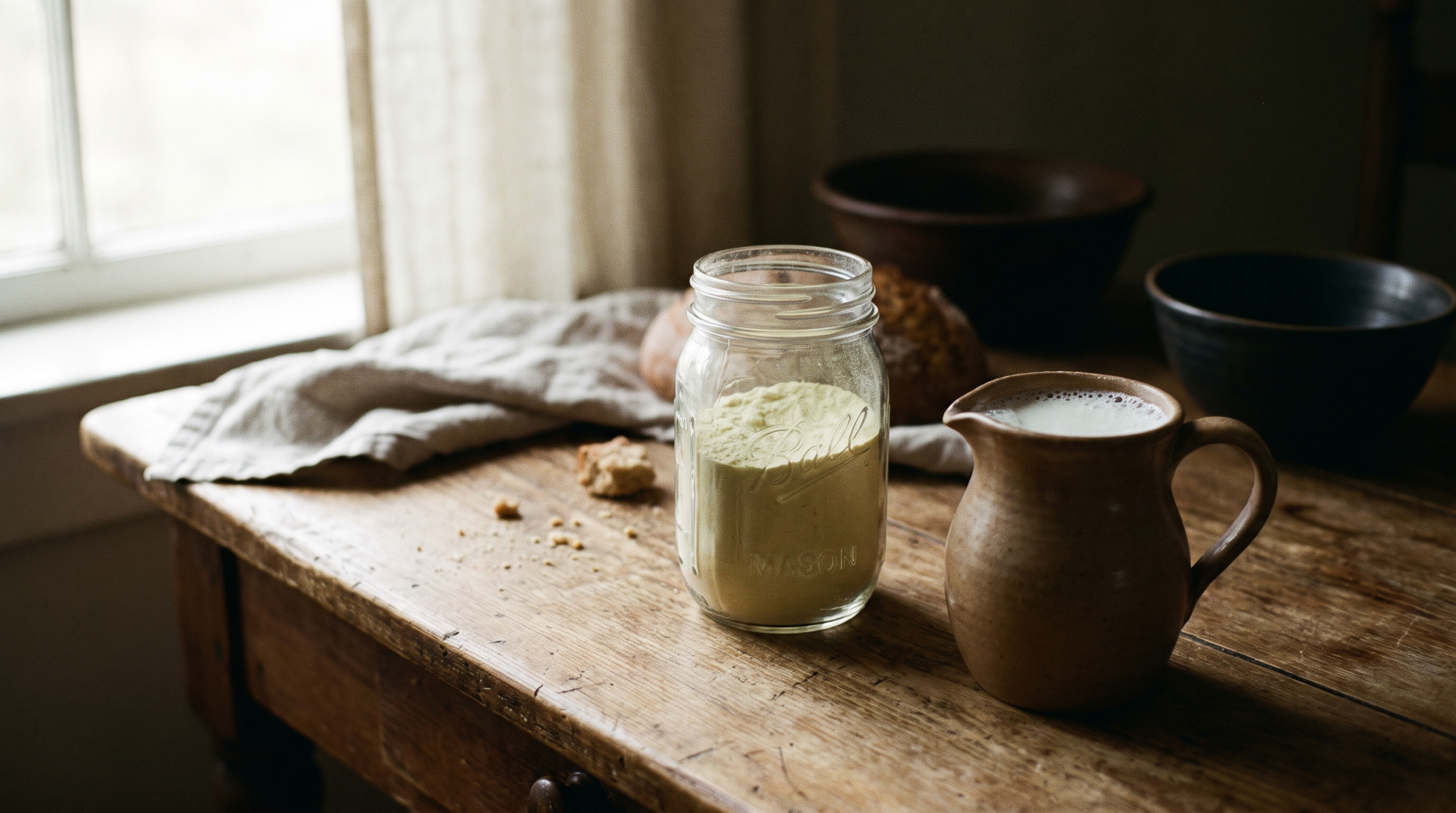 Jar of golden colostrum powder beside a pitcher of milk