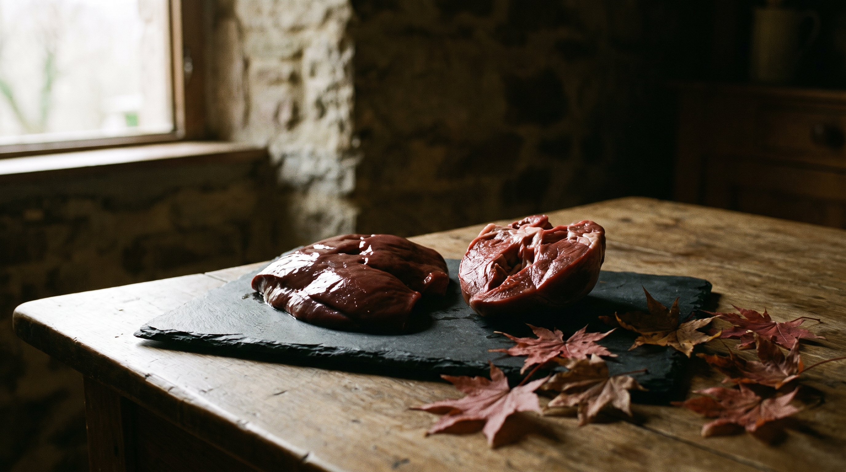 Raw grass-fed liver and heart on slate with red maple leaves