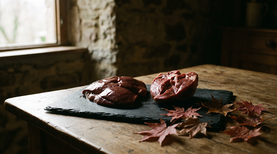 Raw grass-fed liver and heart on slate with red maple leaves