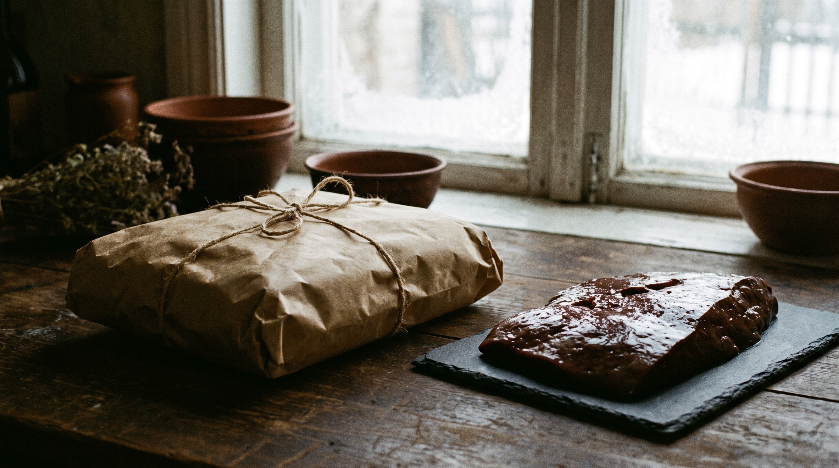 Kraft paper parcel with twine beside raw beef liver