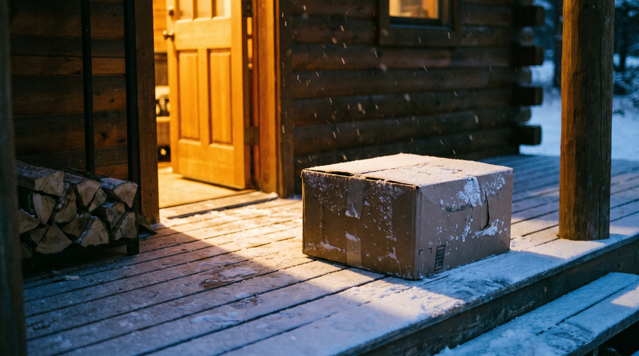 Snow-dusted delivery box on a cabin porch at dusk