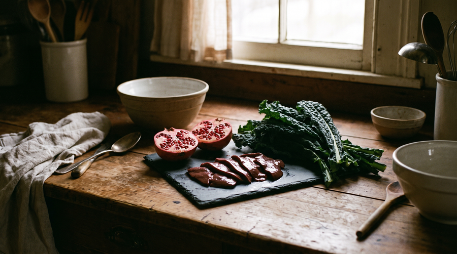 Liver slices, pomegranate and dark greens on a warm counter