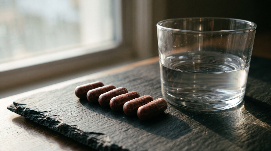 Six dark freeze-dried capsules beside a glass of water
