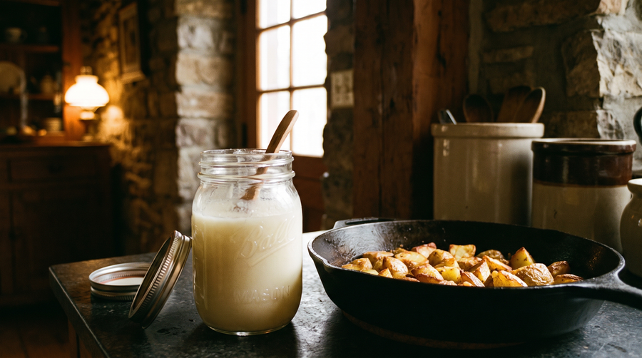 Mason jar of creamy tallow with cast iron skillet behind
