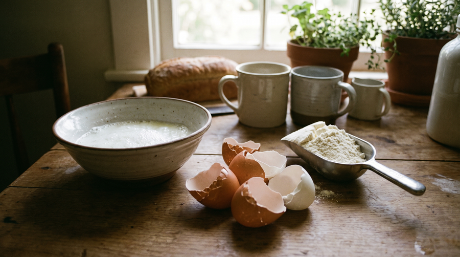 Cracked eggs and whisked whites beside protein powder scoop