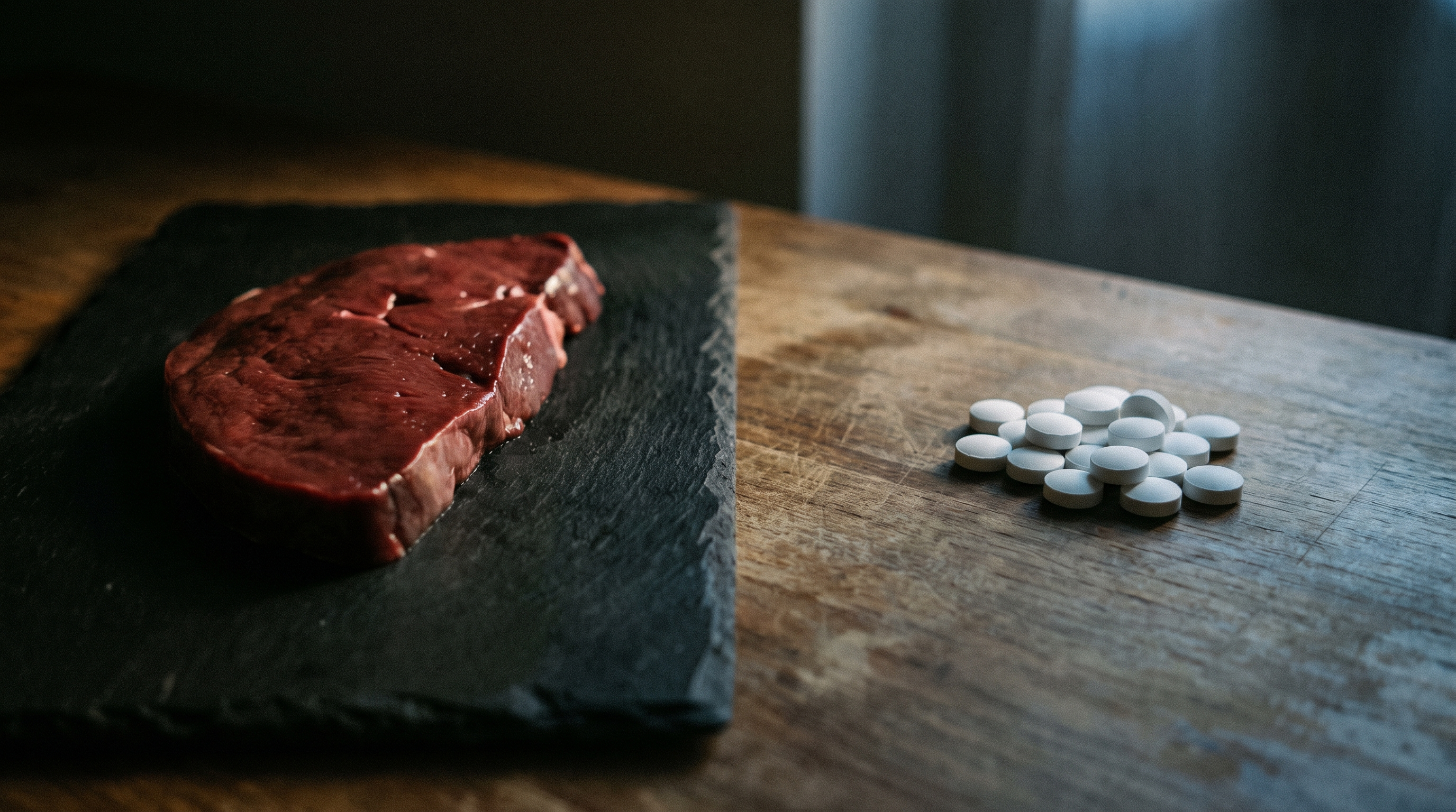 Raw liver on slate beside scattered iron tablets