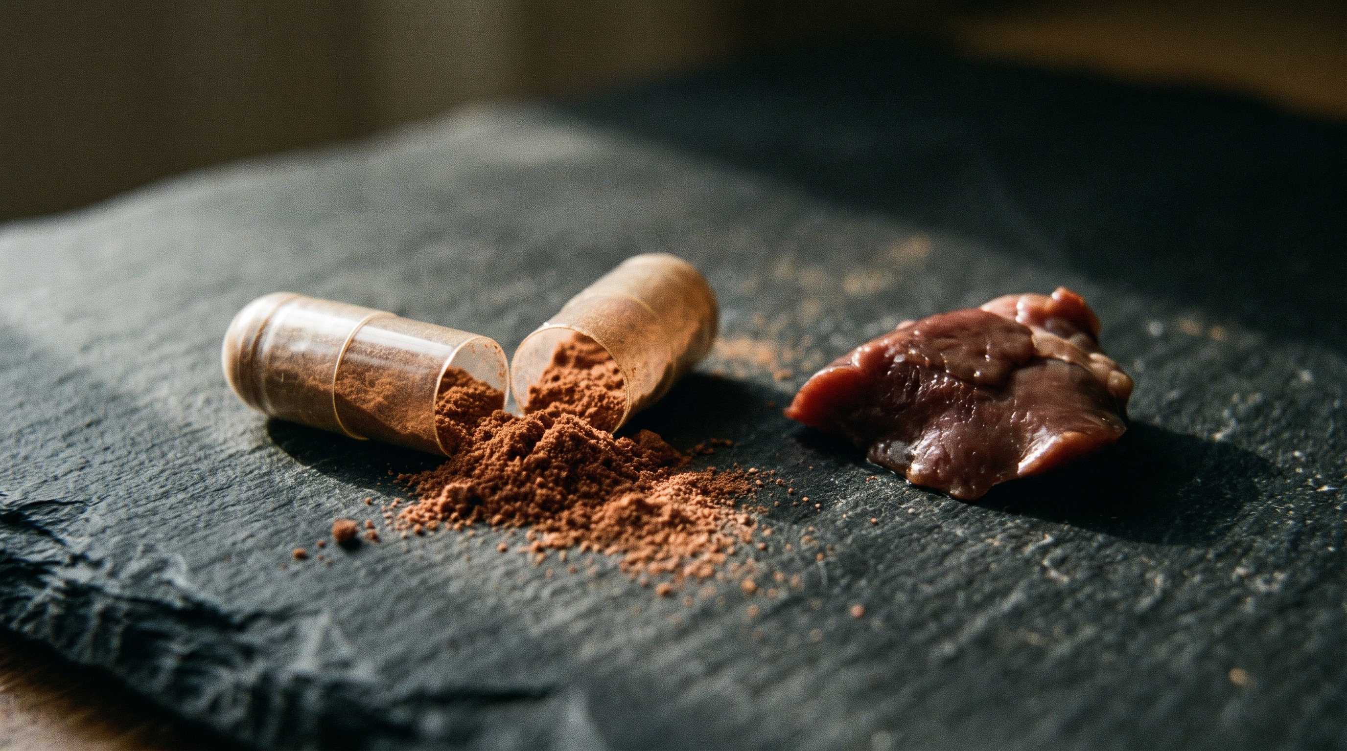 Open capsule spilling organ powder beside whole raw liver
