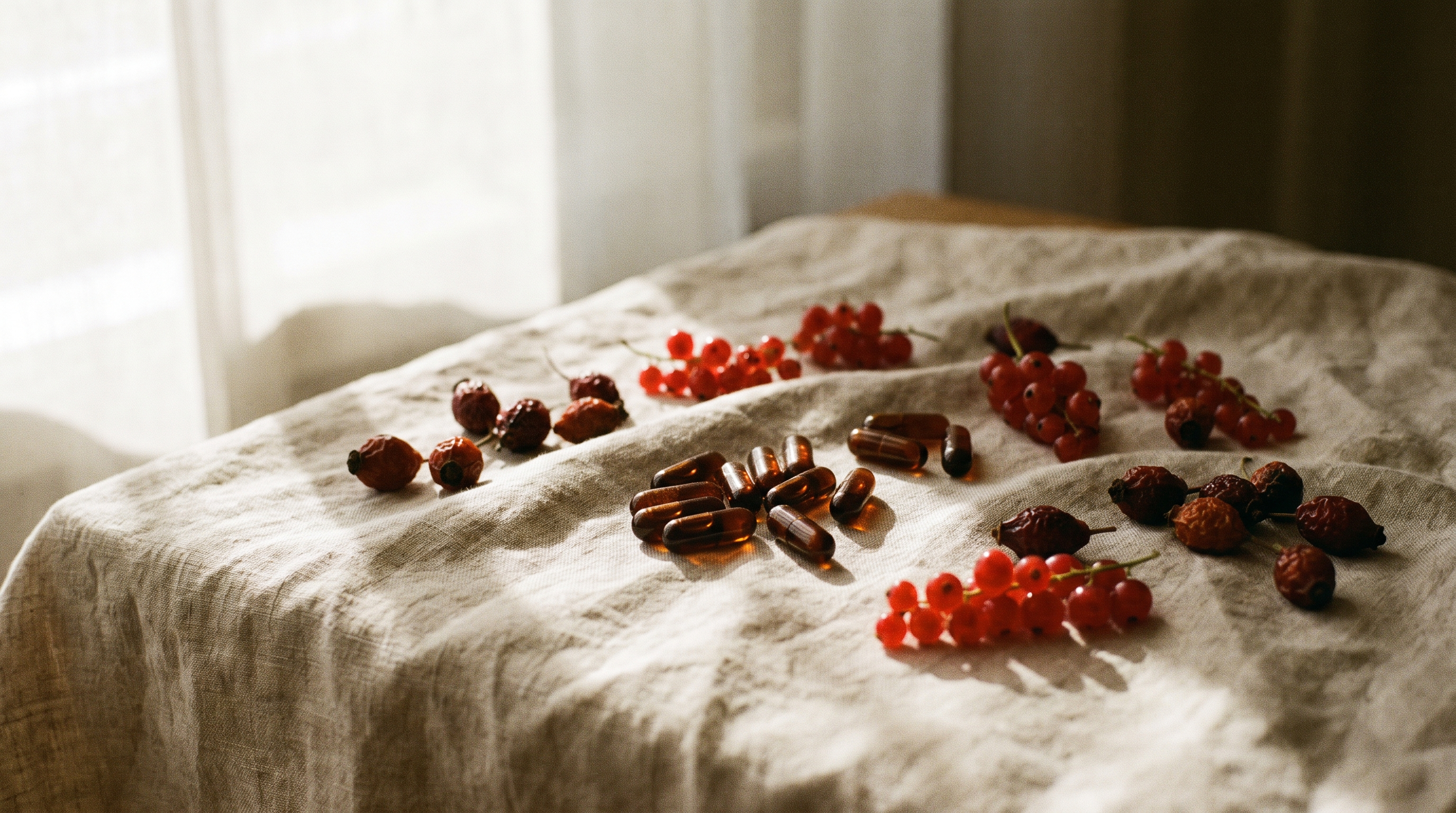 Organ capsules with rosehips and red berries on linen