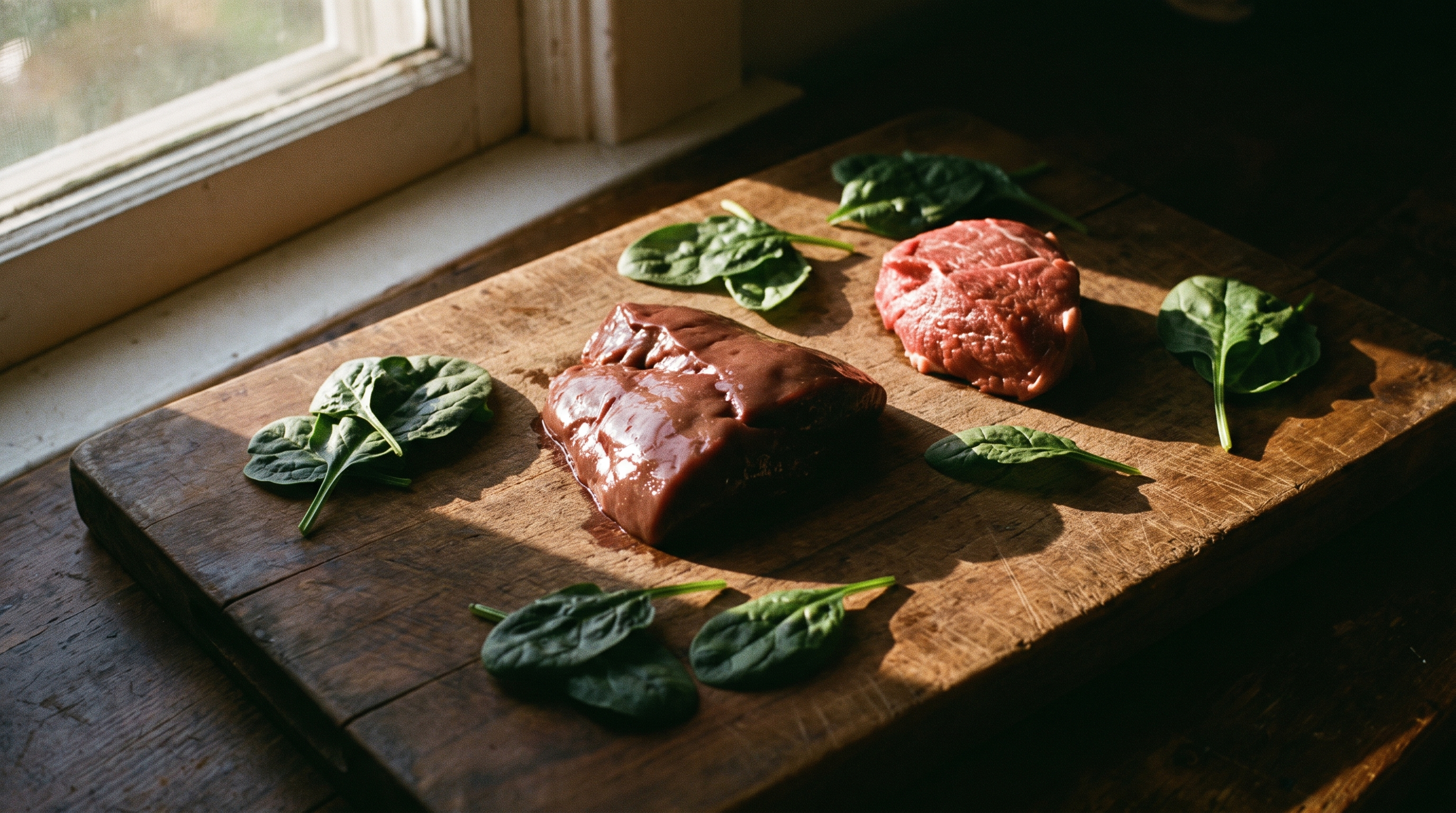 Heme iron foods: liver, red meat and spinach on a board