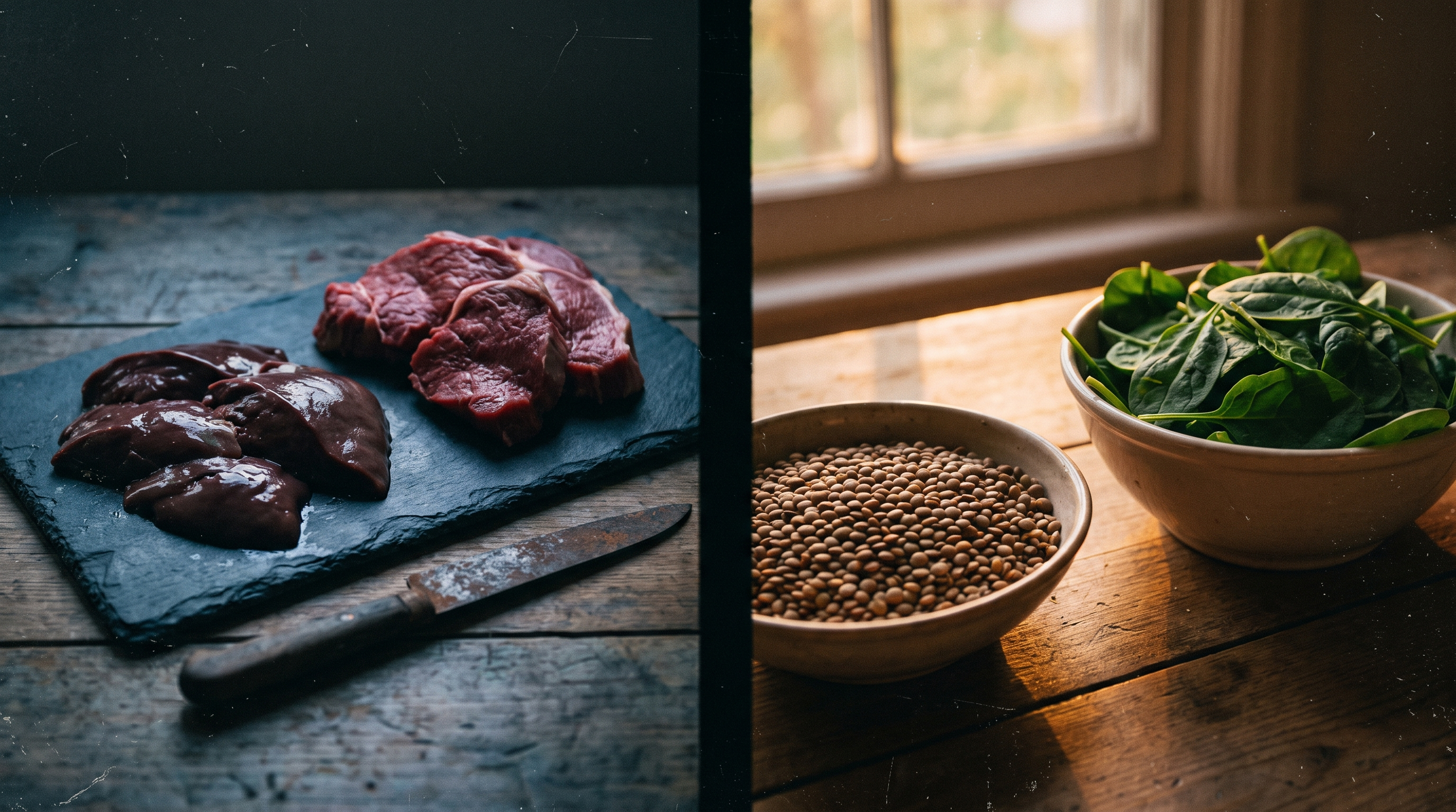 Liver and red meat beside lentils and spinach, contrasted
