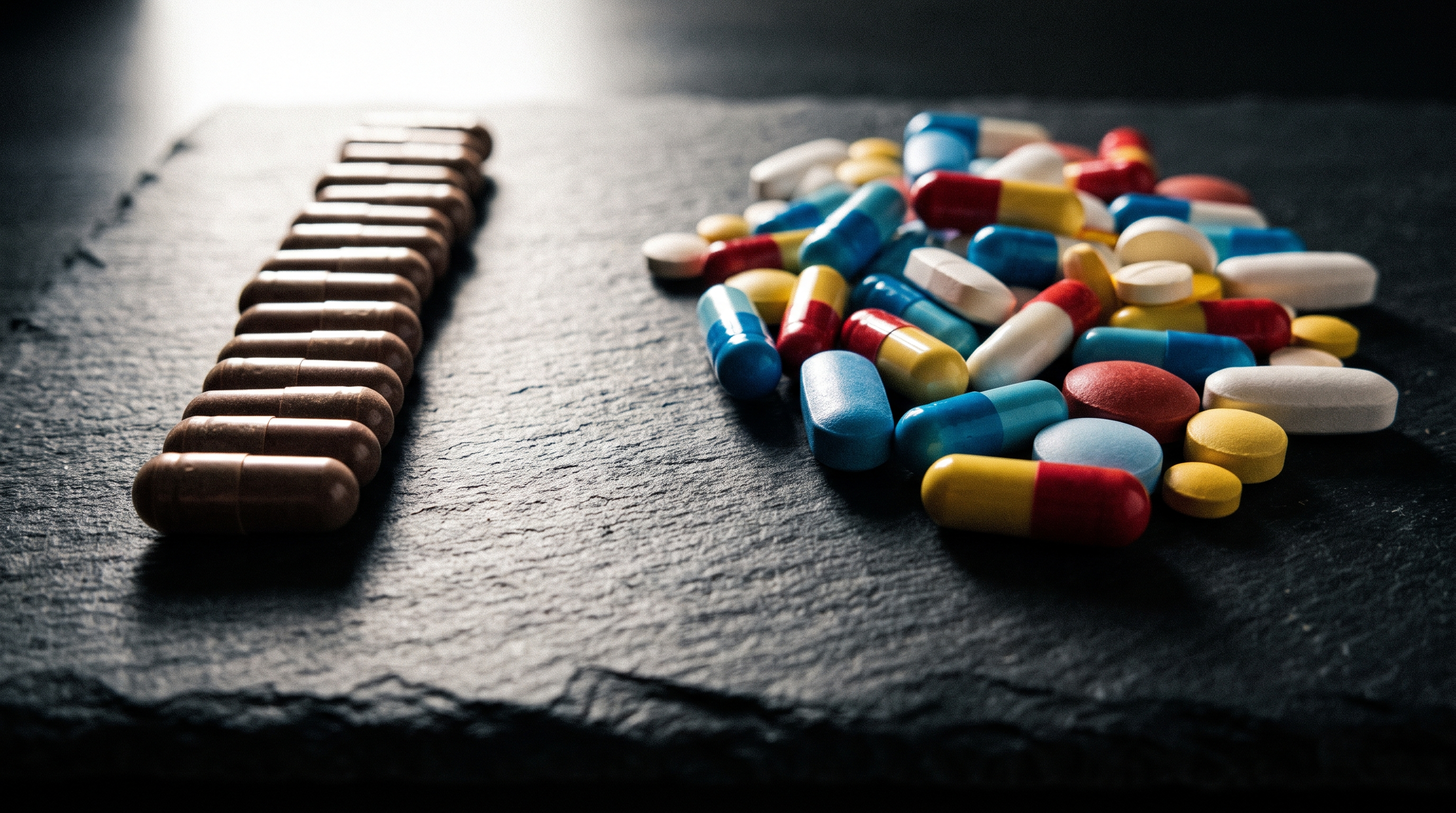 Dark liver capsules beside a scatter of bright synthetic pills