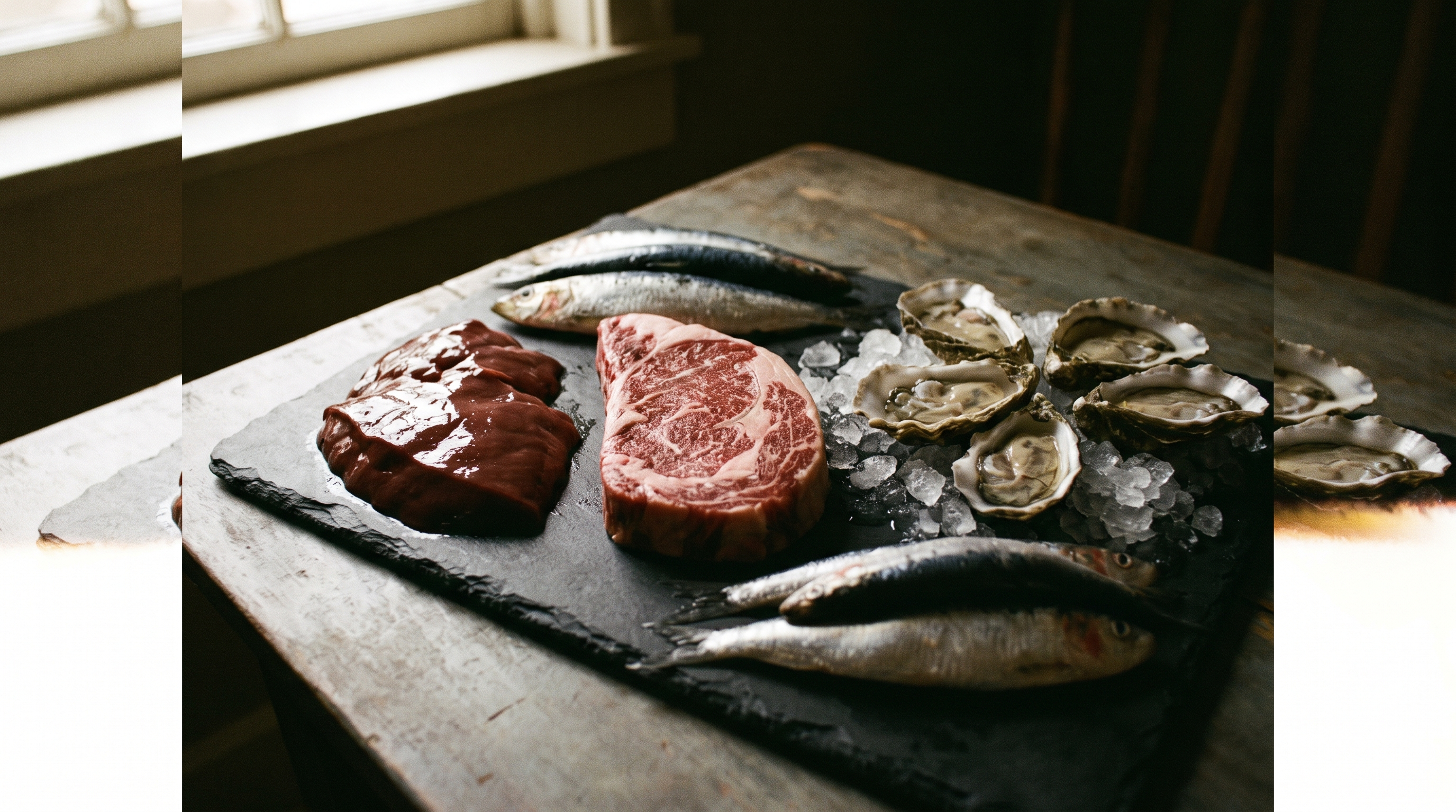 Spread of heme iron foods: liver, beef, sardines, oysters