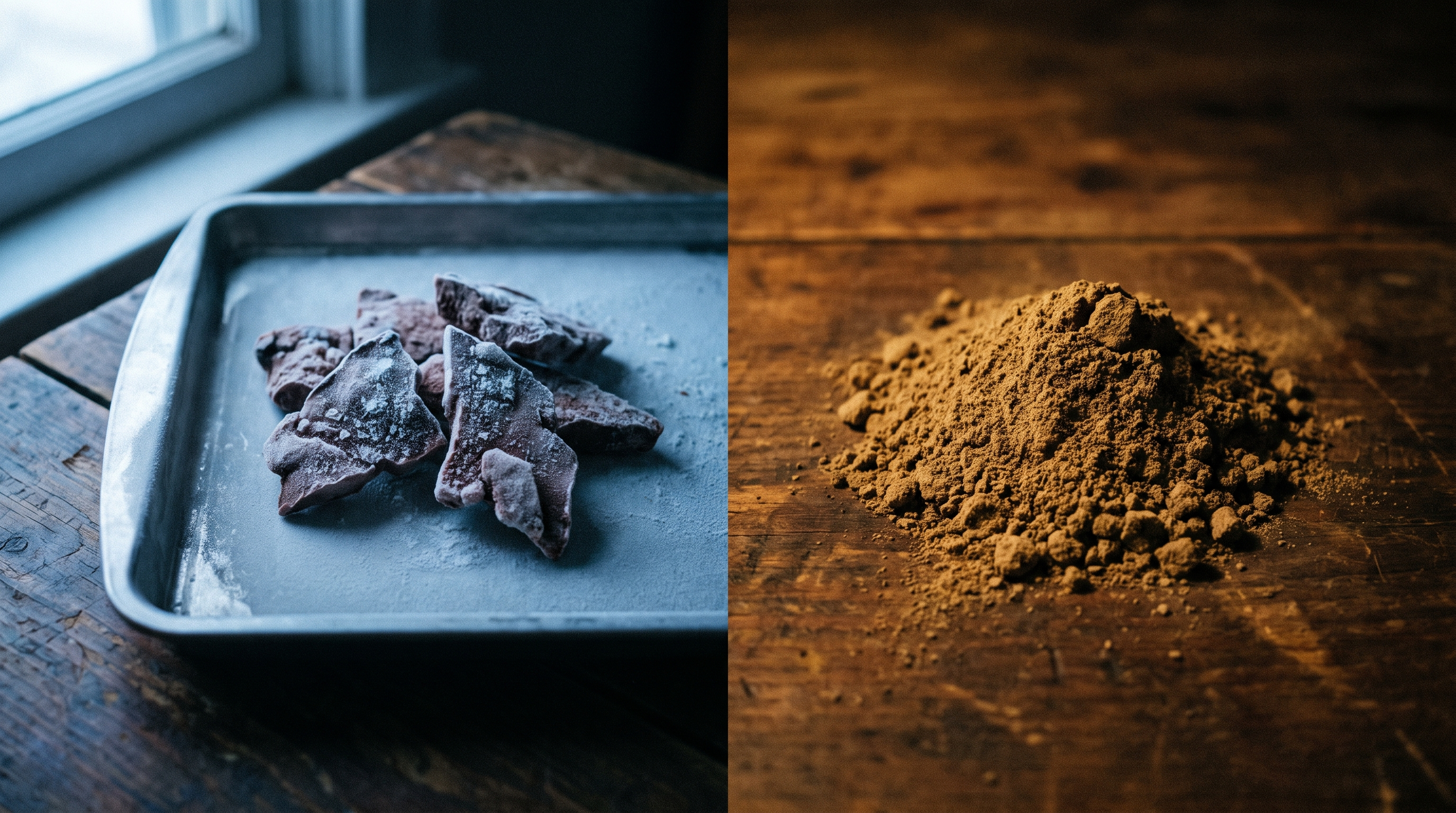 Frost-covered freeze-dried liver pieces beside heat-dried powder