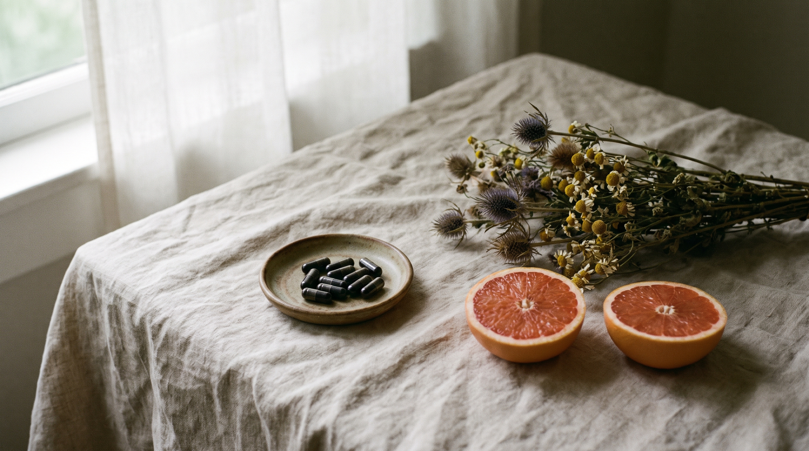 Women's organ capsules with pink grapefruit and flowers