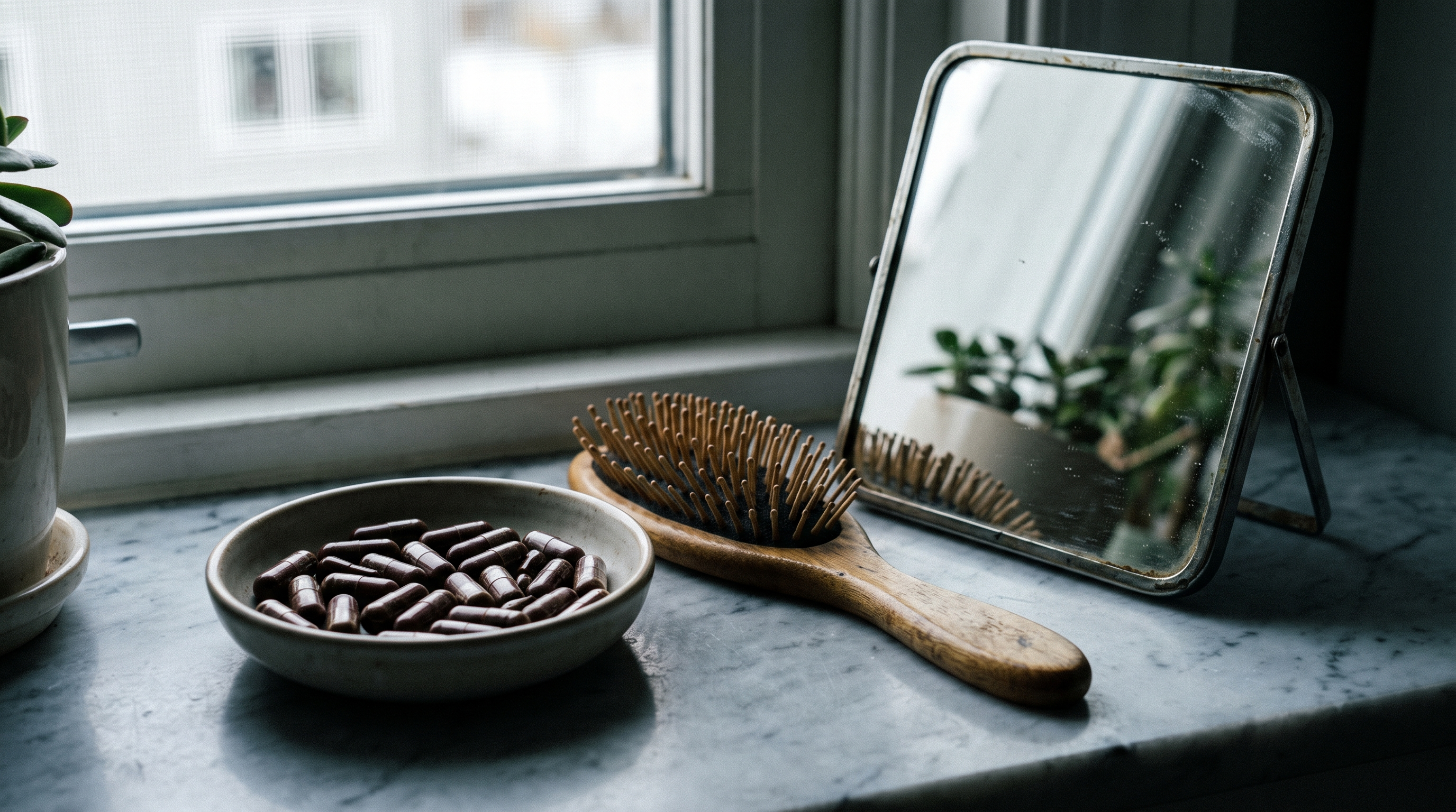 Liver capsules beside a wooden hairbrush on marble