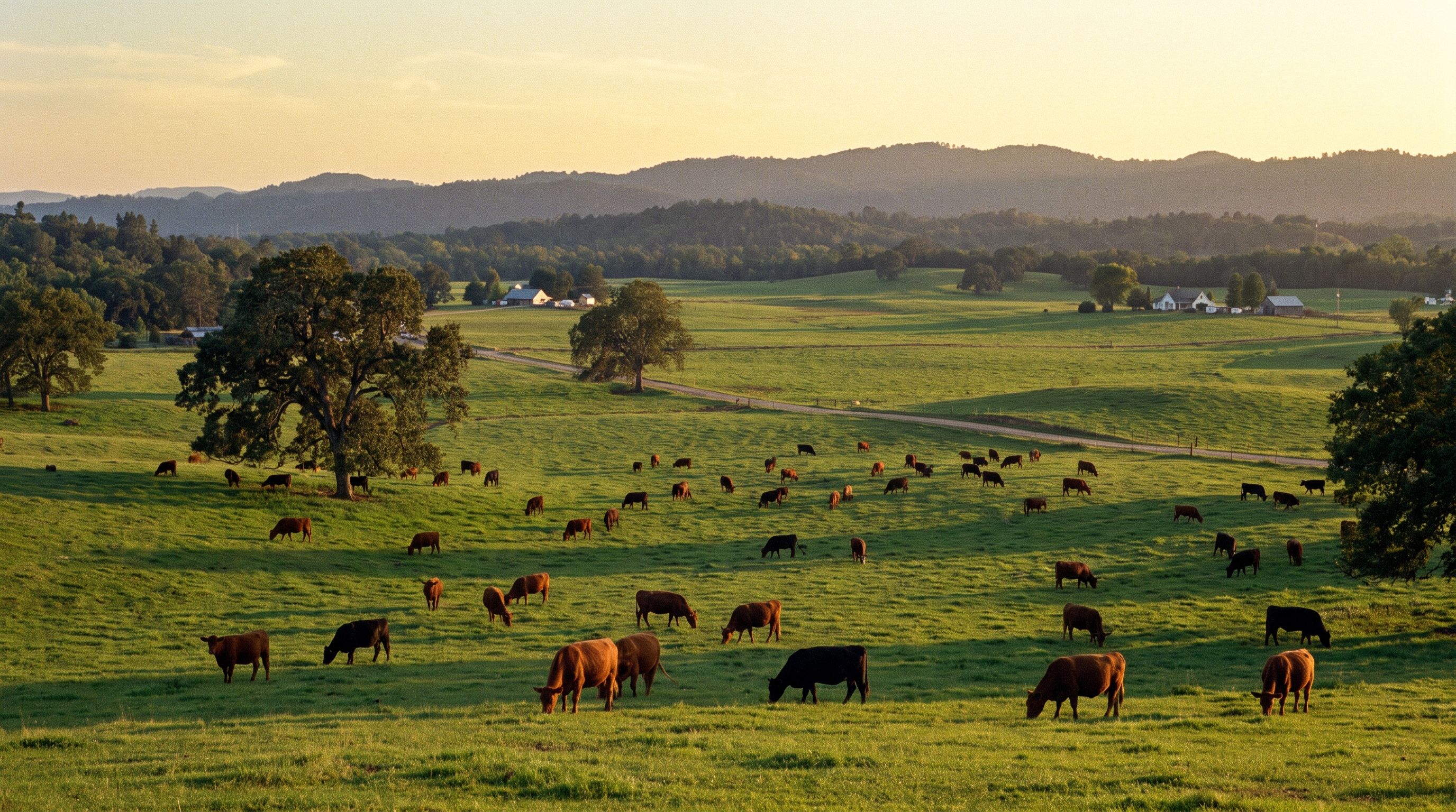 Cattle grazing on open green pasture at golden hour