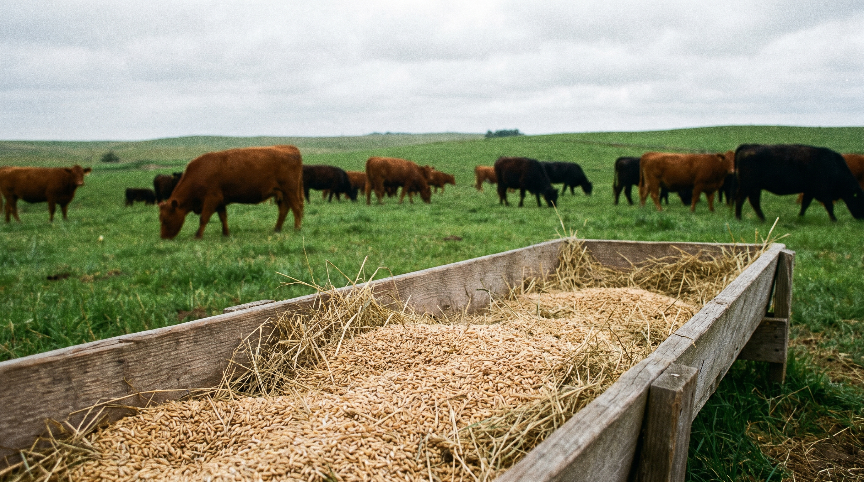 Cattle on pasture contrasted with grain in a feed trough