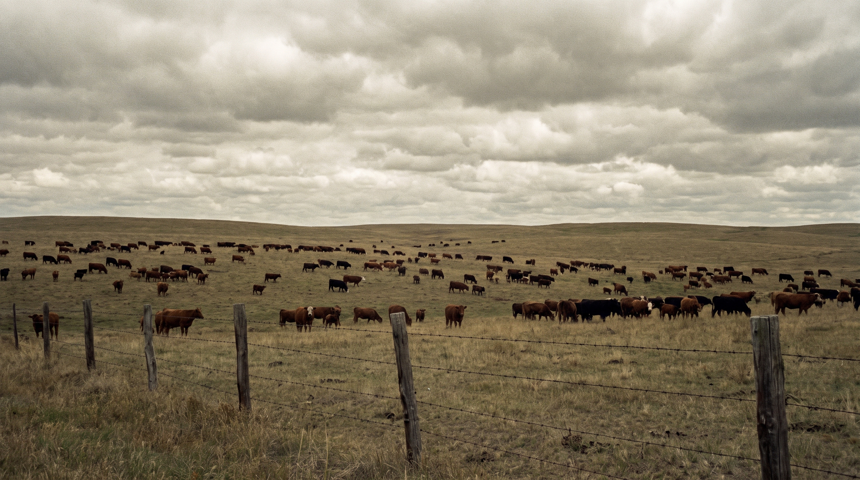 Prairie cattle ranch under big sky, fence line in foreground