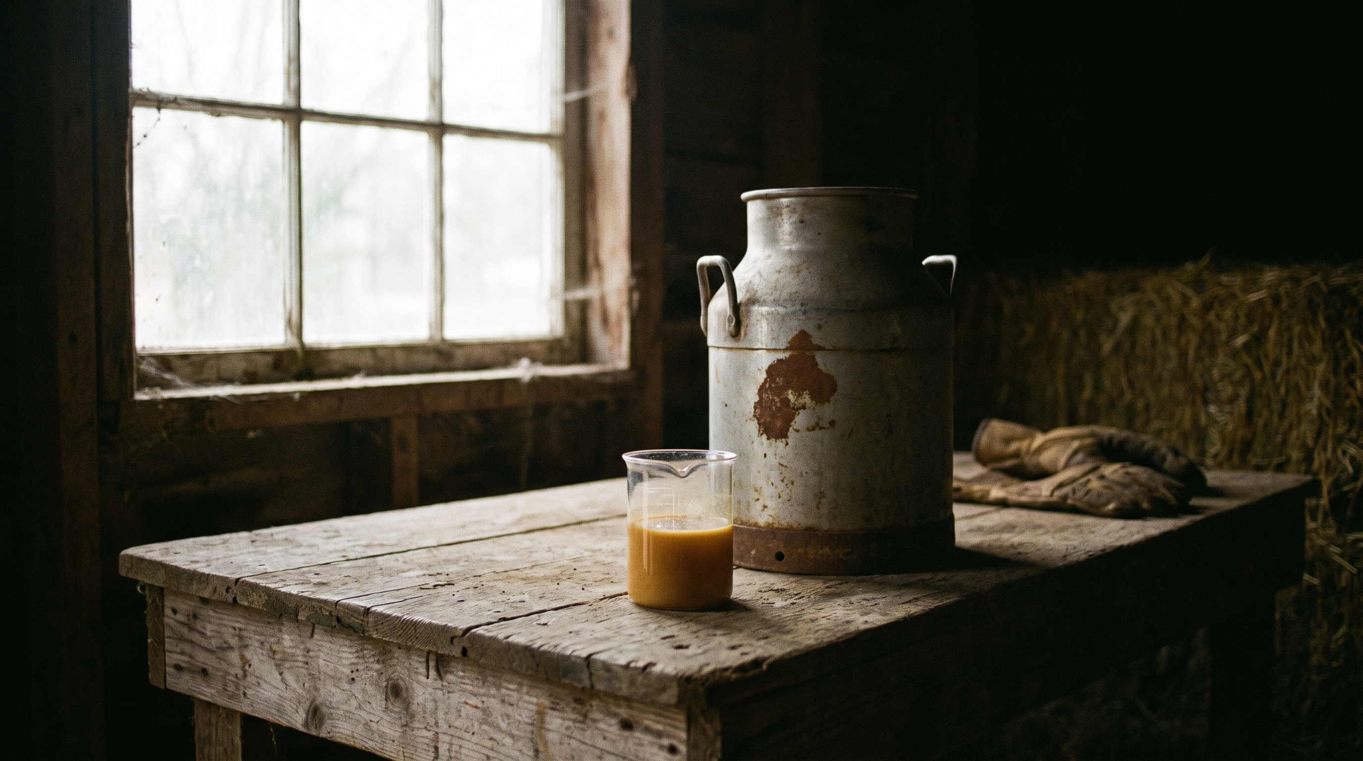 Golden colostrum liquid in glass beaker with dairy backdrop