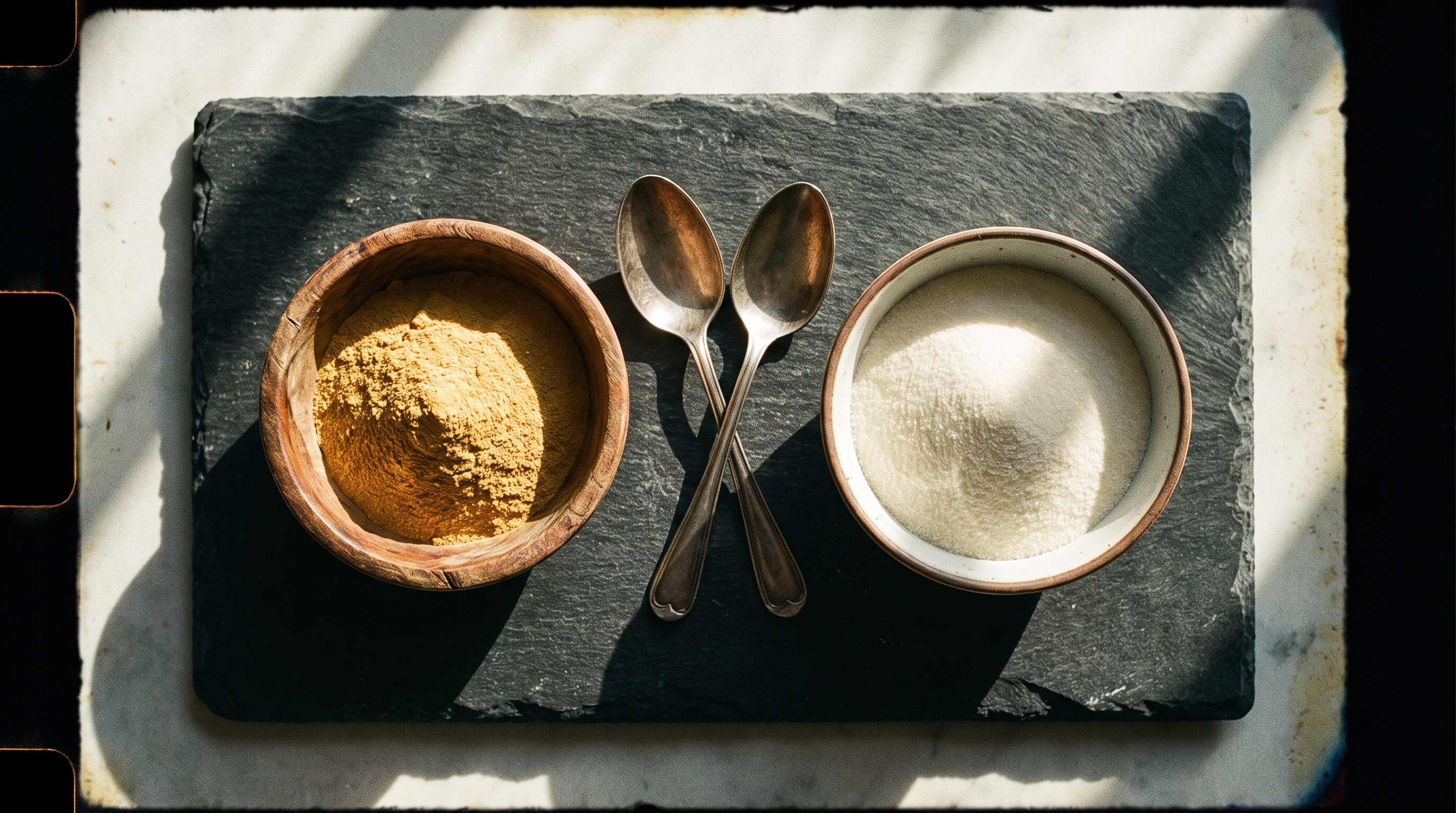 Golden colostrum powder beside translucent collagen powder