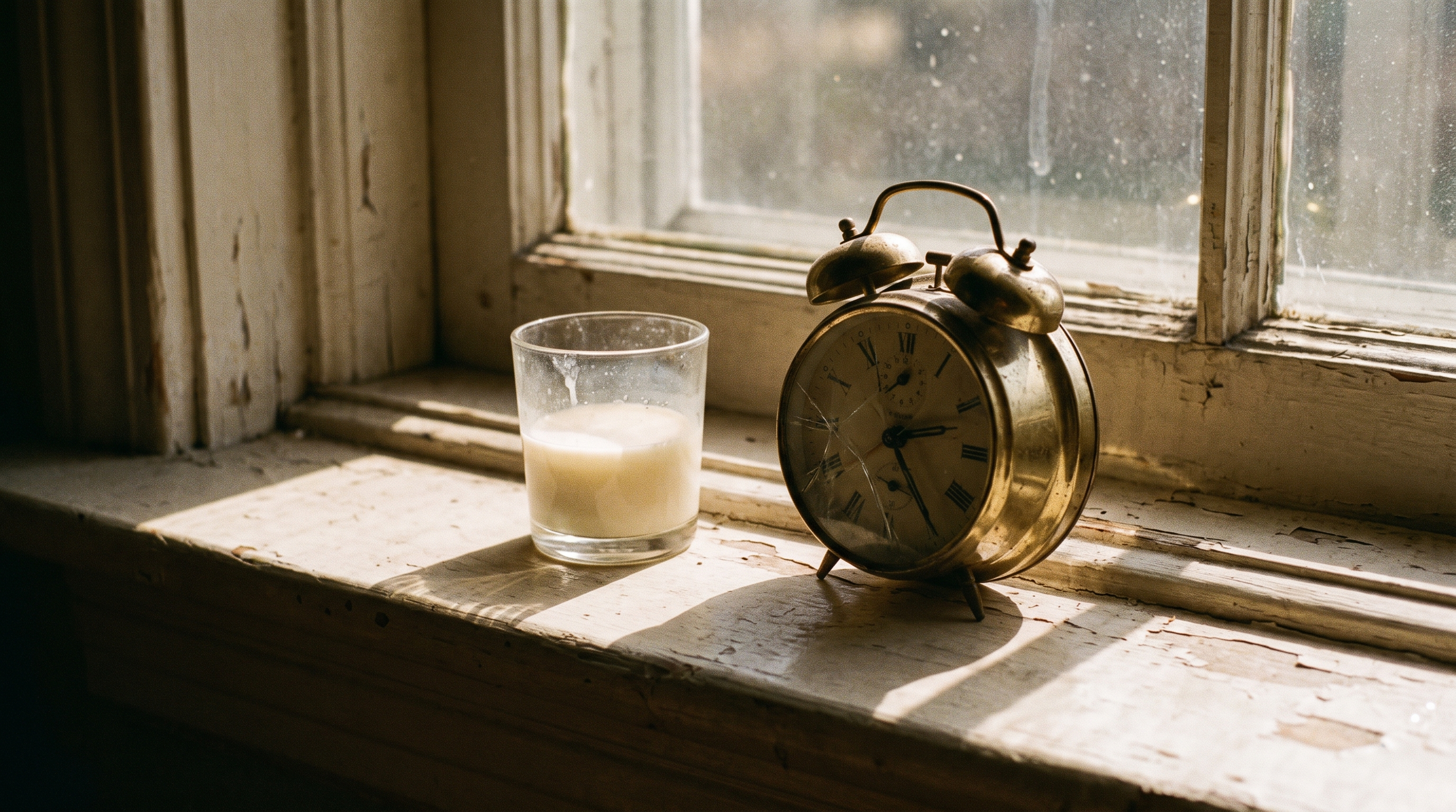 Colostrum glass beside an analog clock in morning light