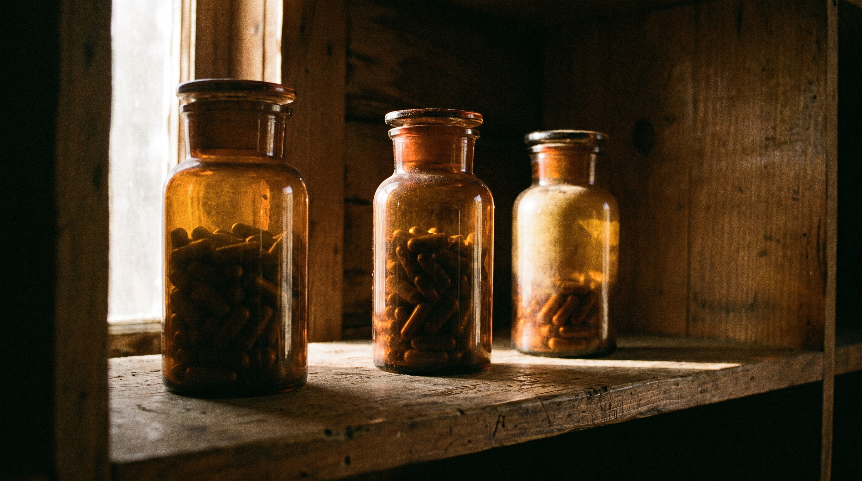 Three unlabeled amber jars in a row under dramatic light