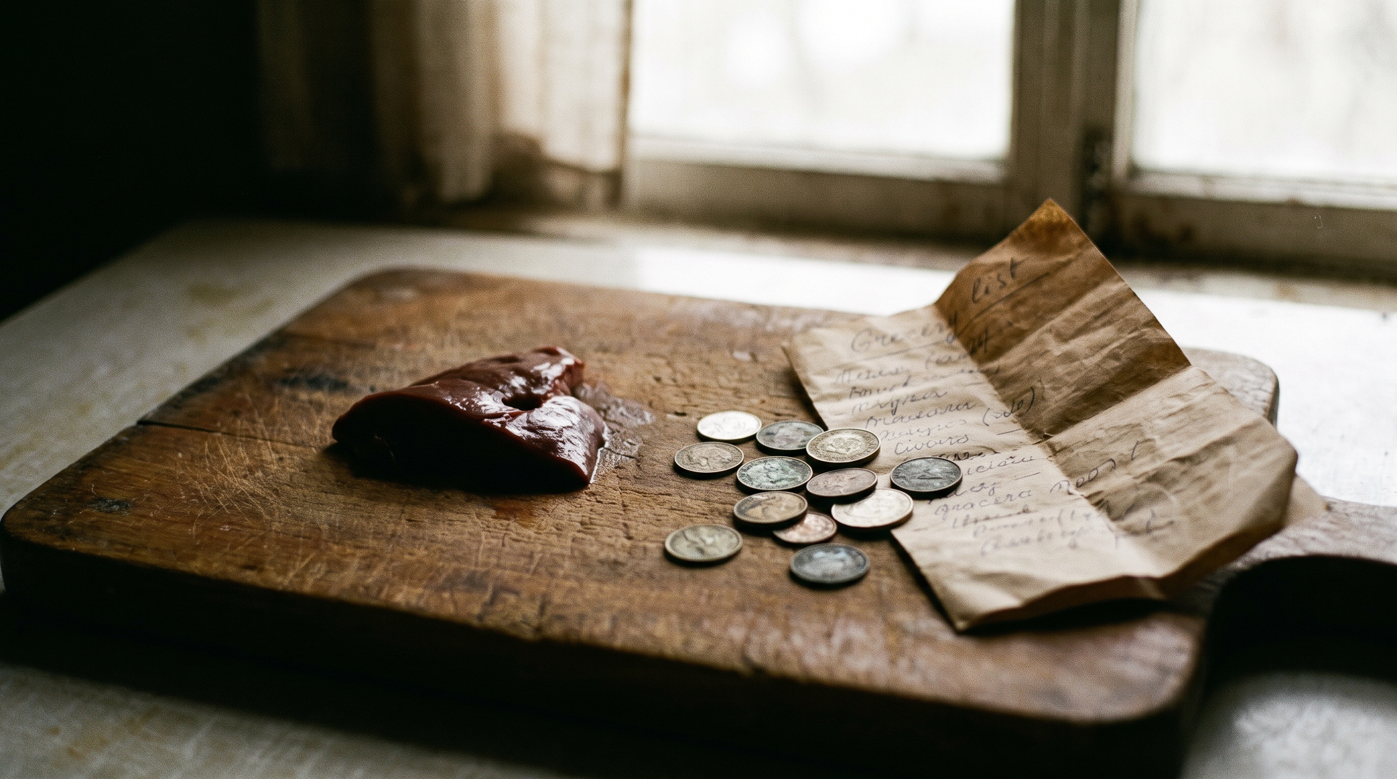Coins and a small liver portion on a cutting board