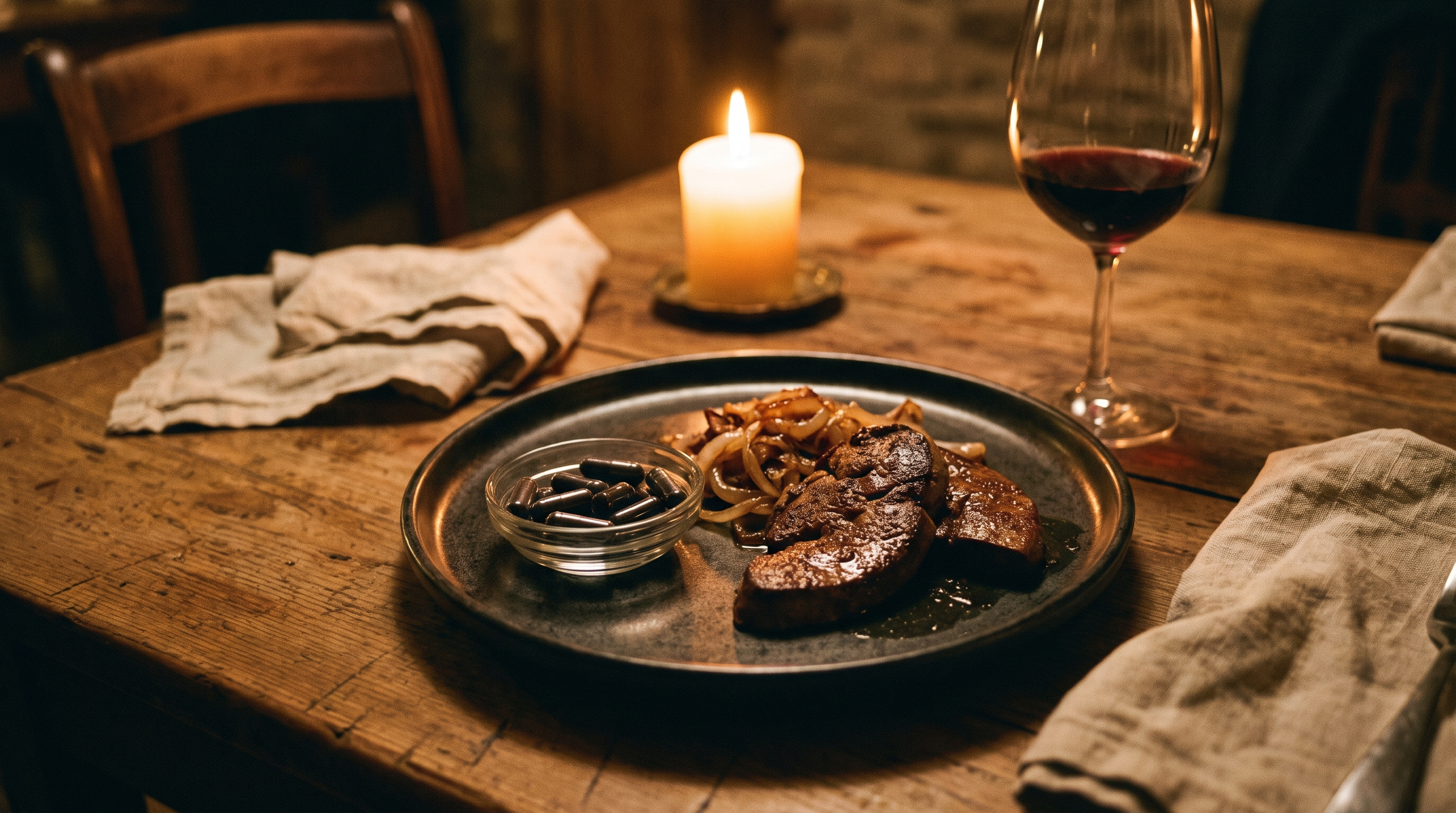 Cooked liver and onions plated beside a dish of capsules