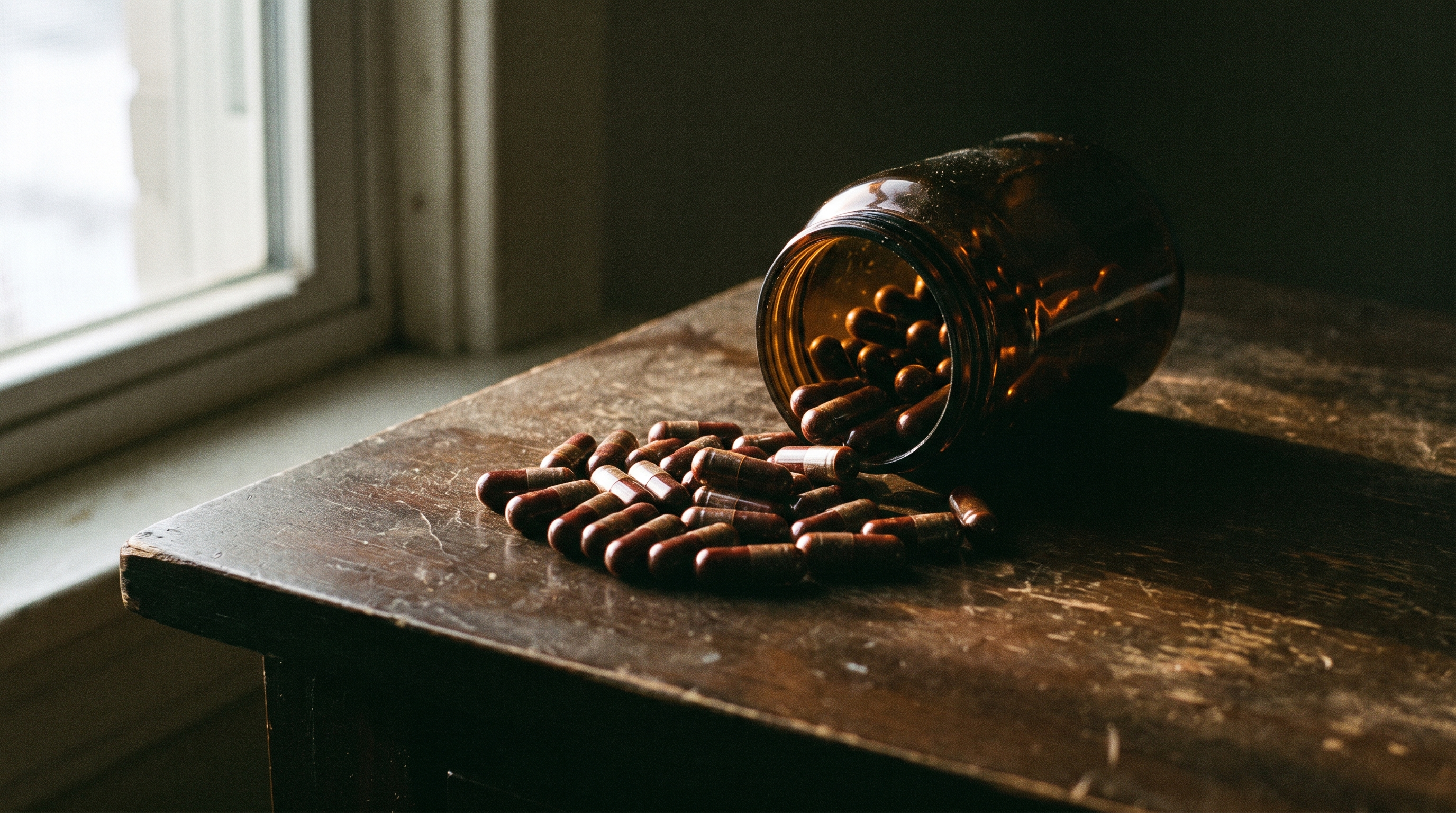 Organ capsules spilling from an amber jar across dark wood